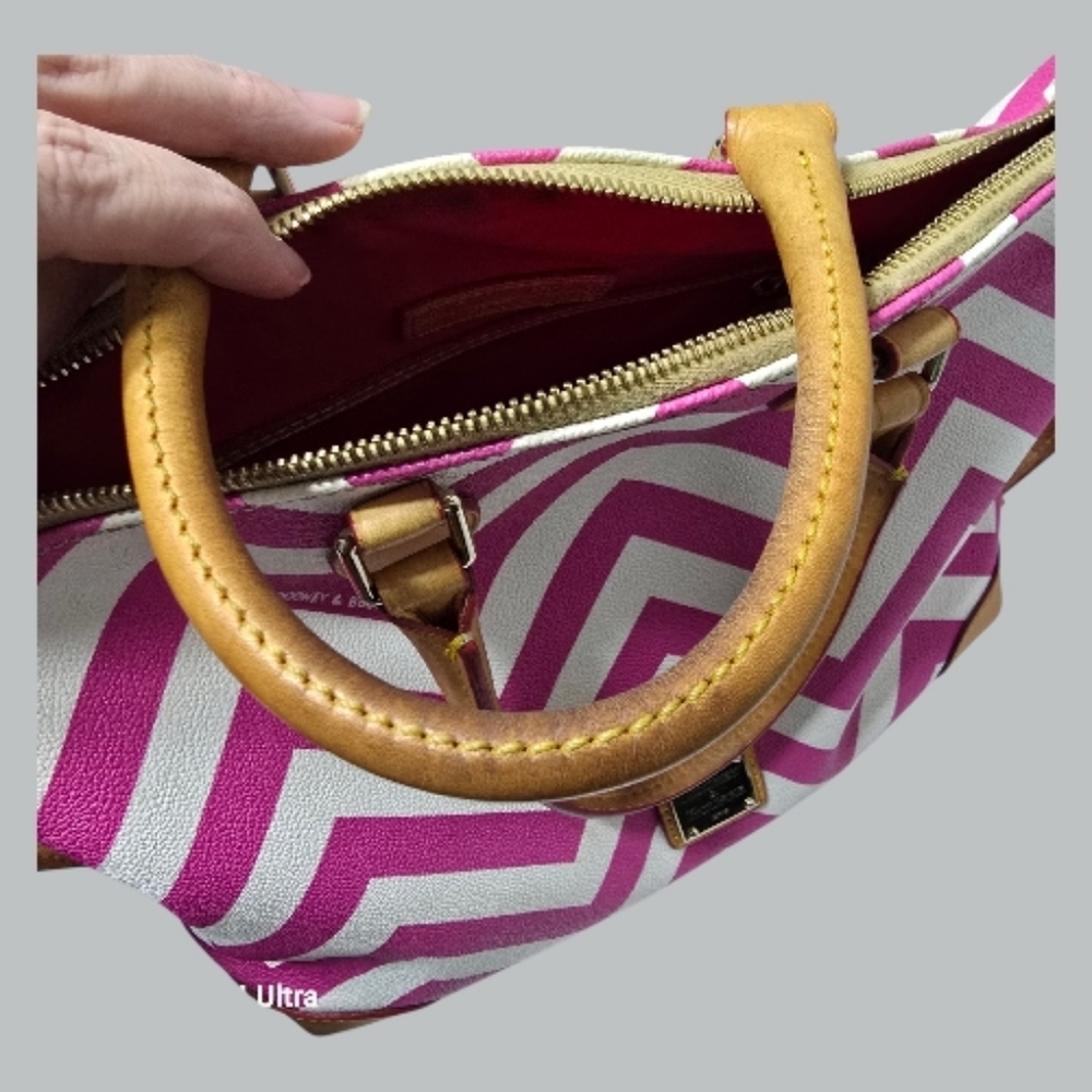 Dooney And Bourke Pink And White Chevron Satchel With Leather Trim - Picture 2 of 16